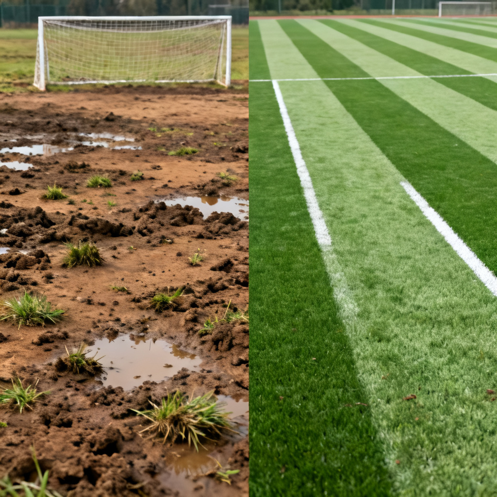 before and after image of sports turf installation